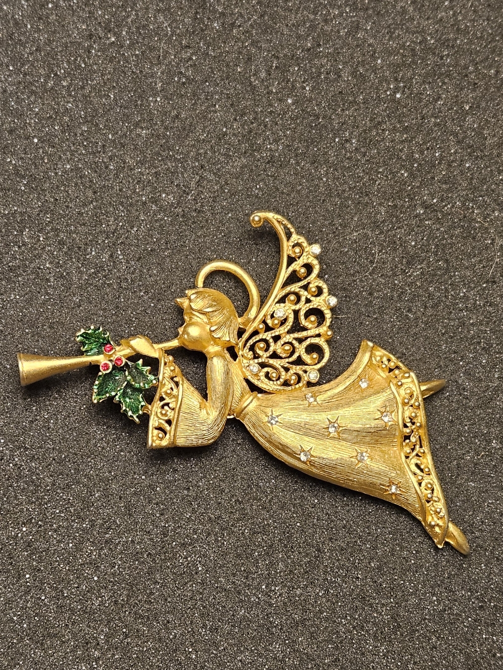 Vintage JJ Jonette Gold Tone, Clear Rhinestones, Ángel Christmas Pin Brooch
